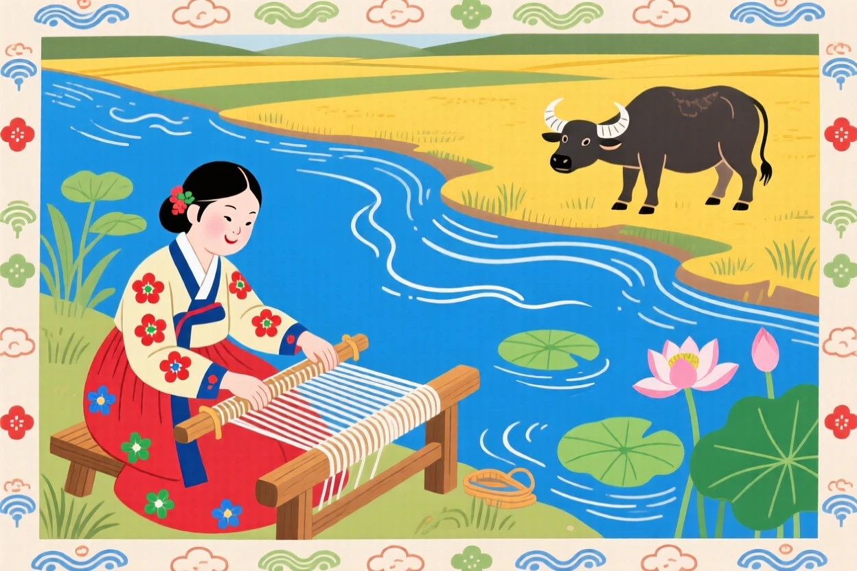 A young woman weaving on a loom beside a river, watched by a distant ox in the fields.