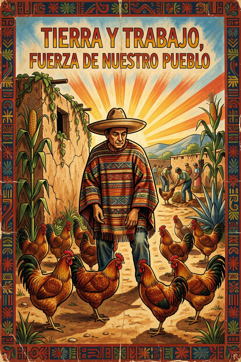 A farmer tending a flock of chickens in a rustic yard
