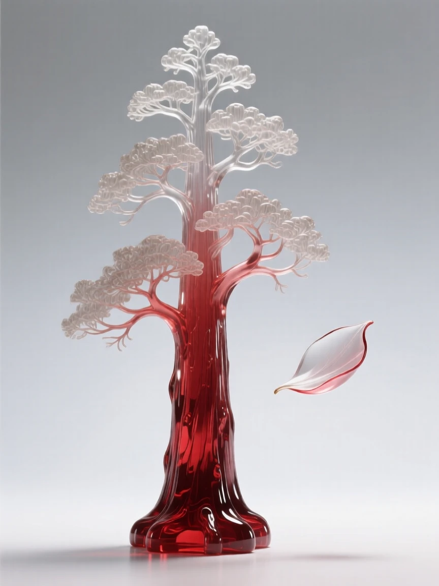 A giant redwood tree towering above the surrounding forest while a single petal drifts free on the breeze
