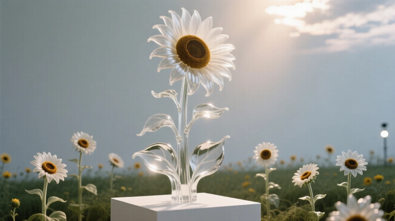 A towering sunflower standing above a field of shorter blooms while sunlight breaks briefly through passing clouds