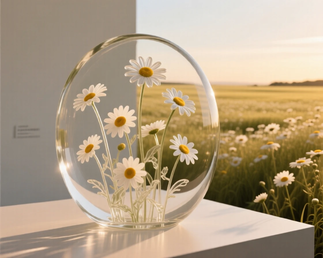 A meadow of wild daisies stretching to the horizon, as golden hour light spills across the field