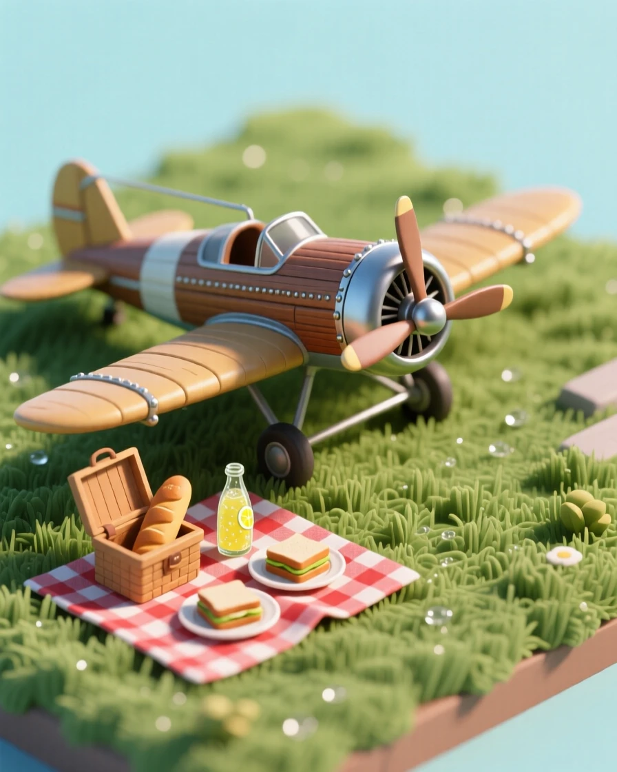 A vintage airplane parked on a grassy airfield, propellers still, with a picnic blanket spread beneath its wing for an afternoon outing.