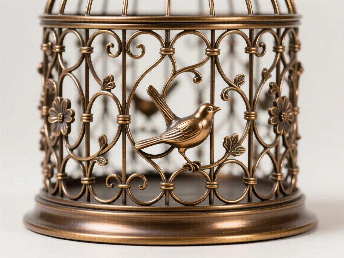 An ornamental birdcage with delicate wirework, with delicate texture and fine ornamentation, radiating elegance and refinement
