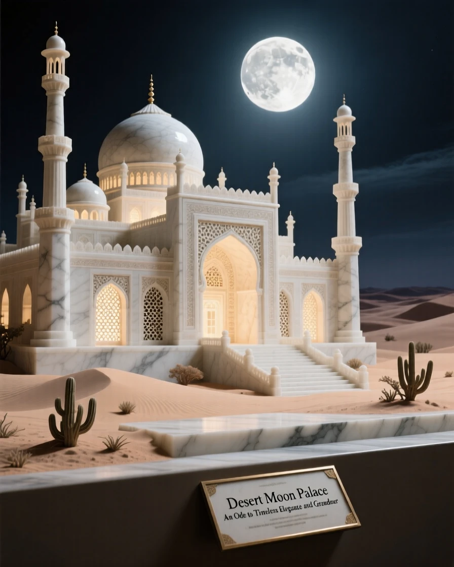 A striking, atmospheric depiction of a desert palace glowing under a full moon, showcasing timeless elegance and grandeur