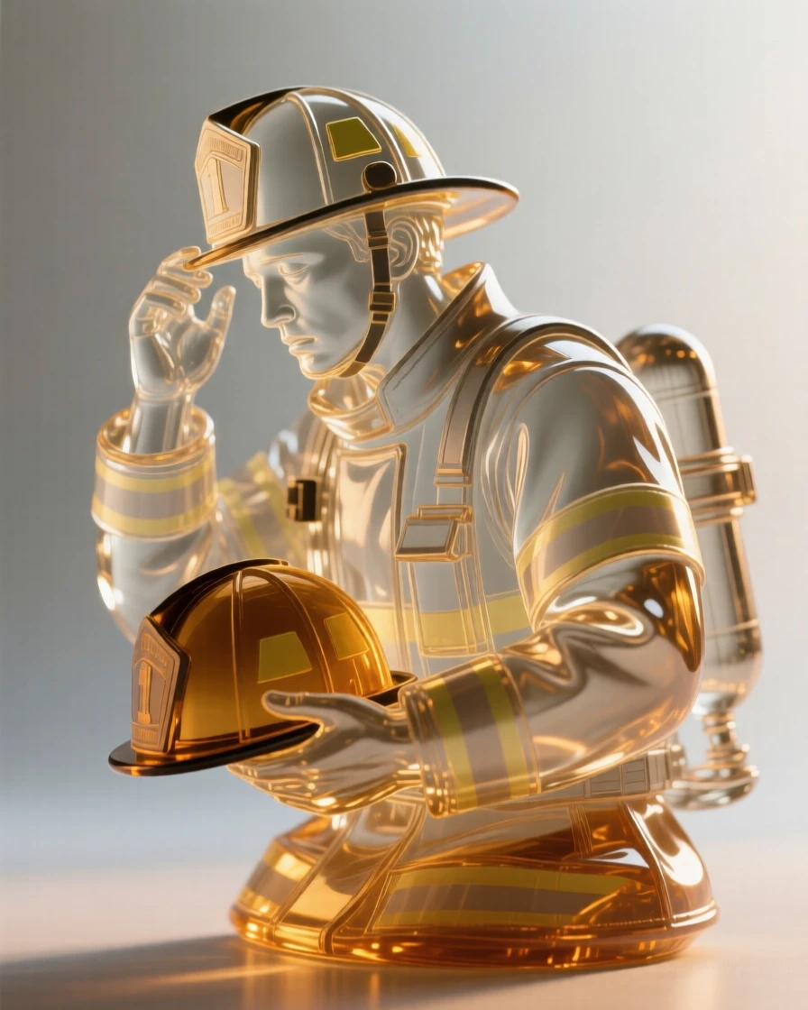 A firefighter resting after a long shift, helmet in hand captured in a candid, unposed moment, golden hour light wrapping around the figure, feeling authentic and moving.