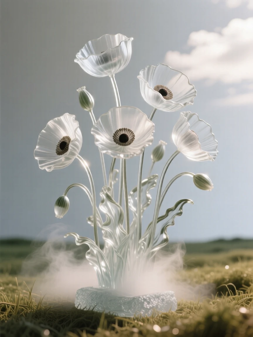 A cluster of poppies swaying together in an open field with mist rising gently from the surrounding ground, while sunlight breaks briefly through passing clouds