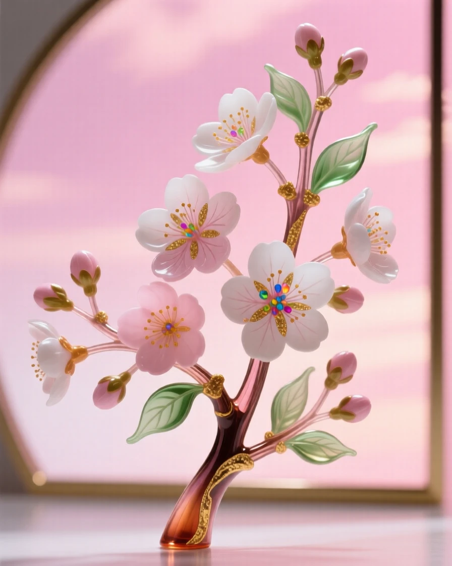 A delicate cherry blossom branch in full bloom against a soft pink sky, tender and fleeting.