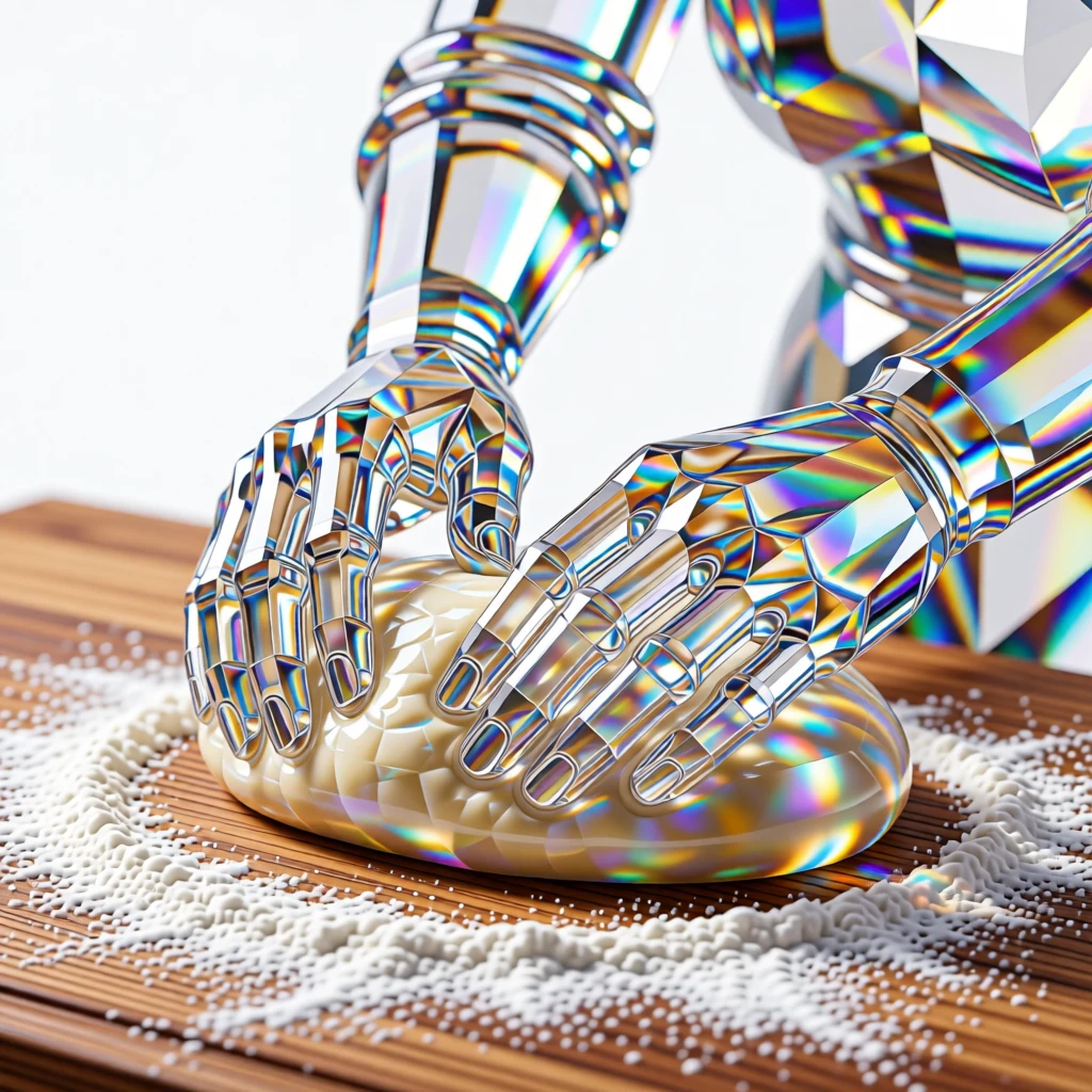 A grandmother's hands gently kneading dough, flour dusting the wooden table.