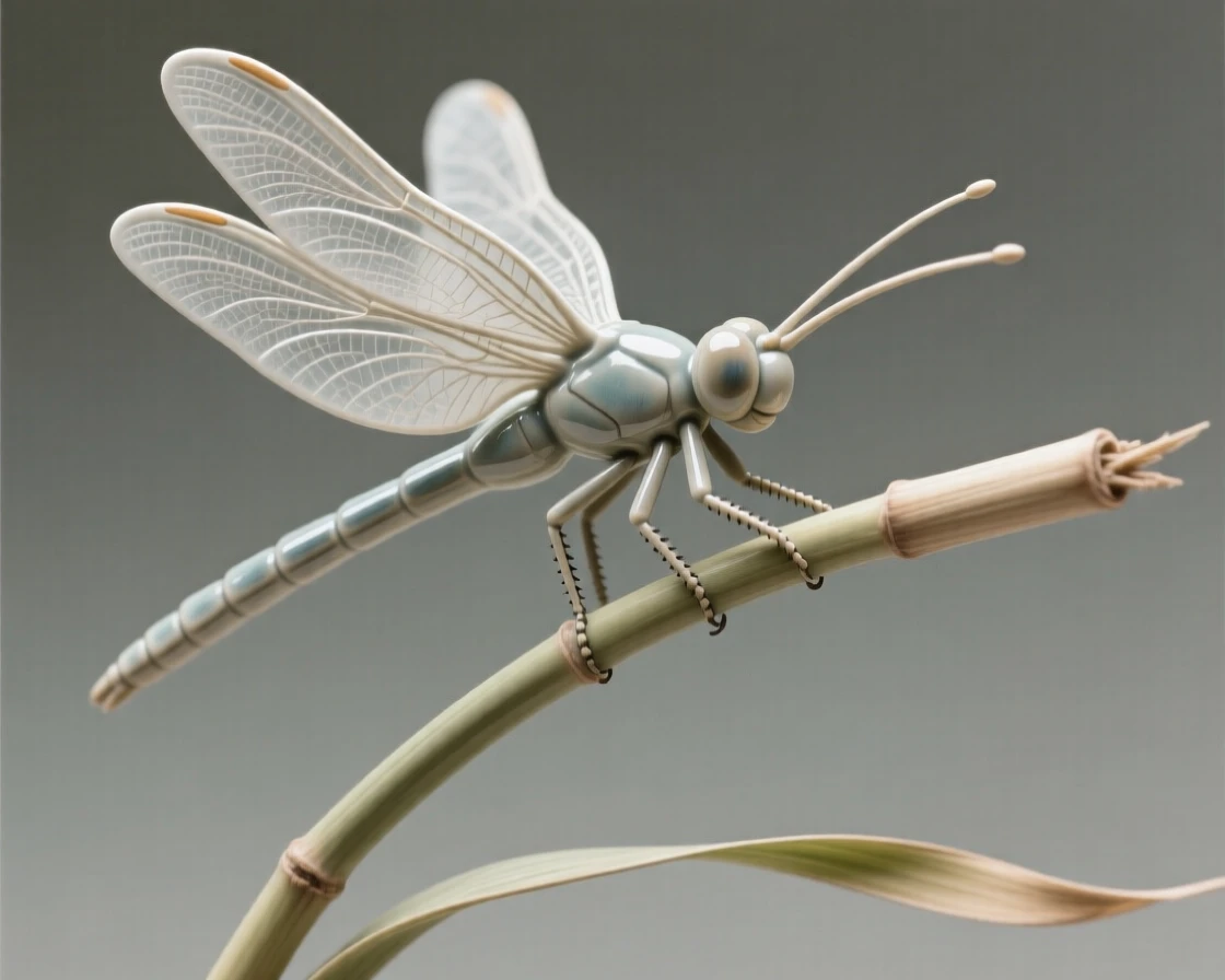 A dragonfly balanced on a slender reed captured mid-flight with wings fully spread, with delicate antennae catching the breeze, capturing a serene moment suspended in time.