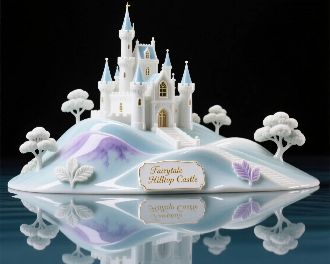 A grand view of a fairytale hilltop castle, reflected perfectly in still water.
