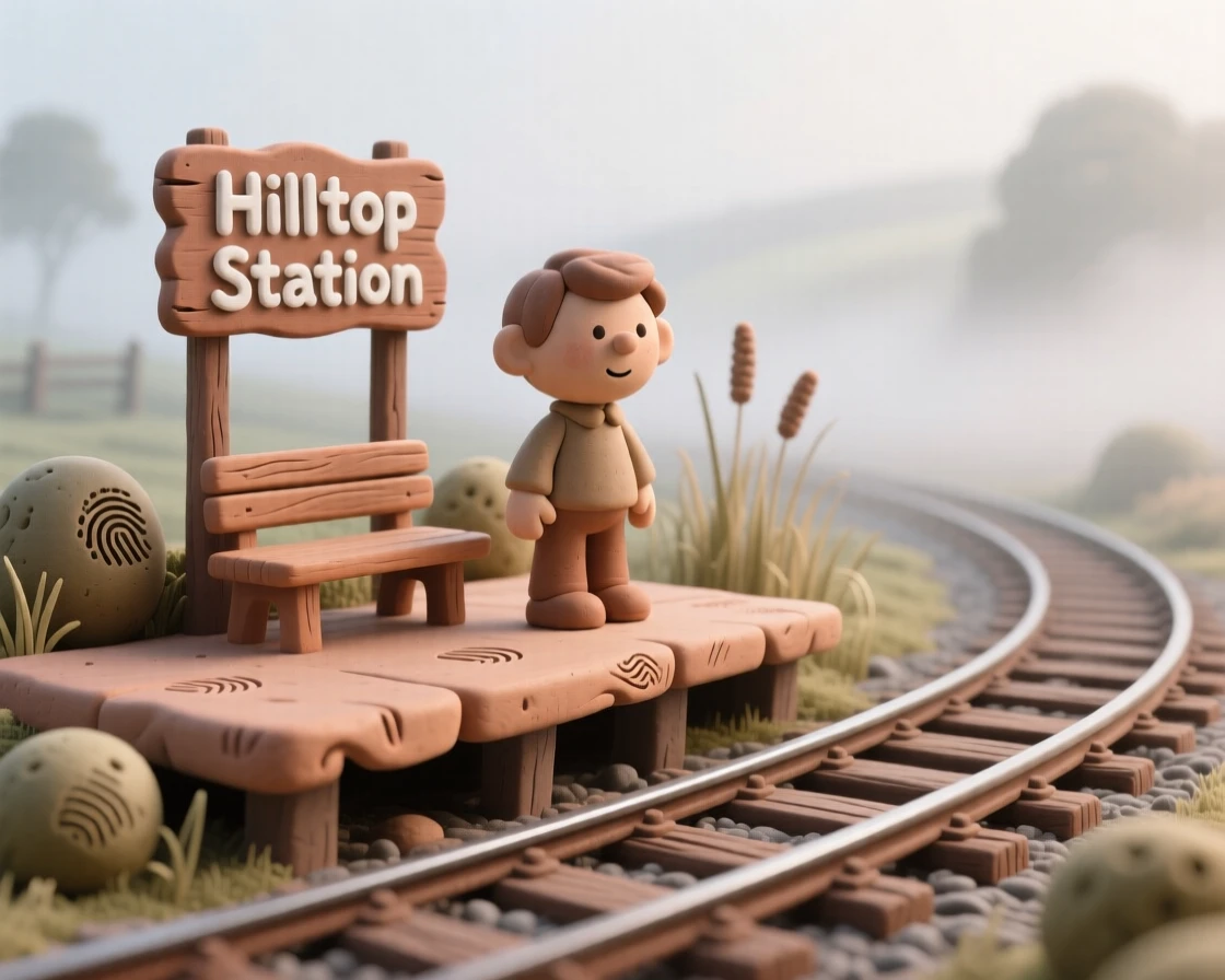 A small train station platform beside a misty countryside track
