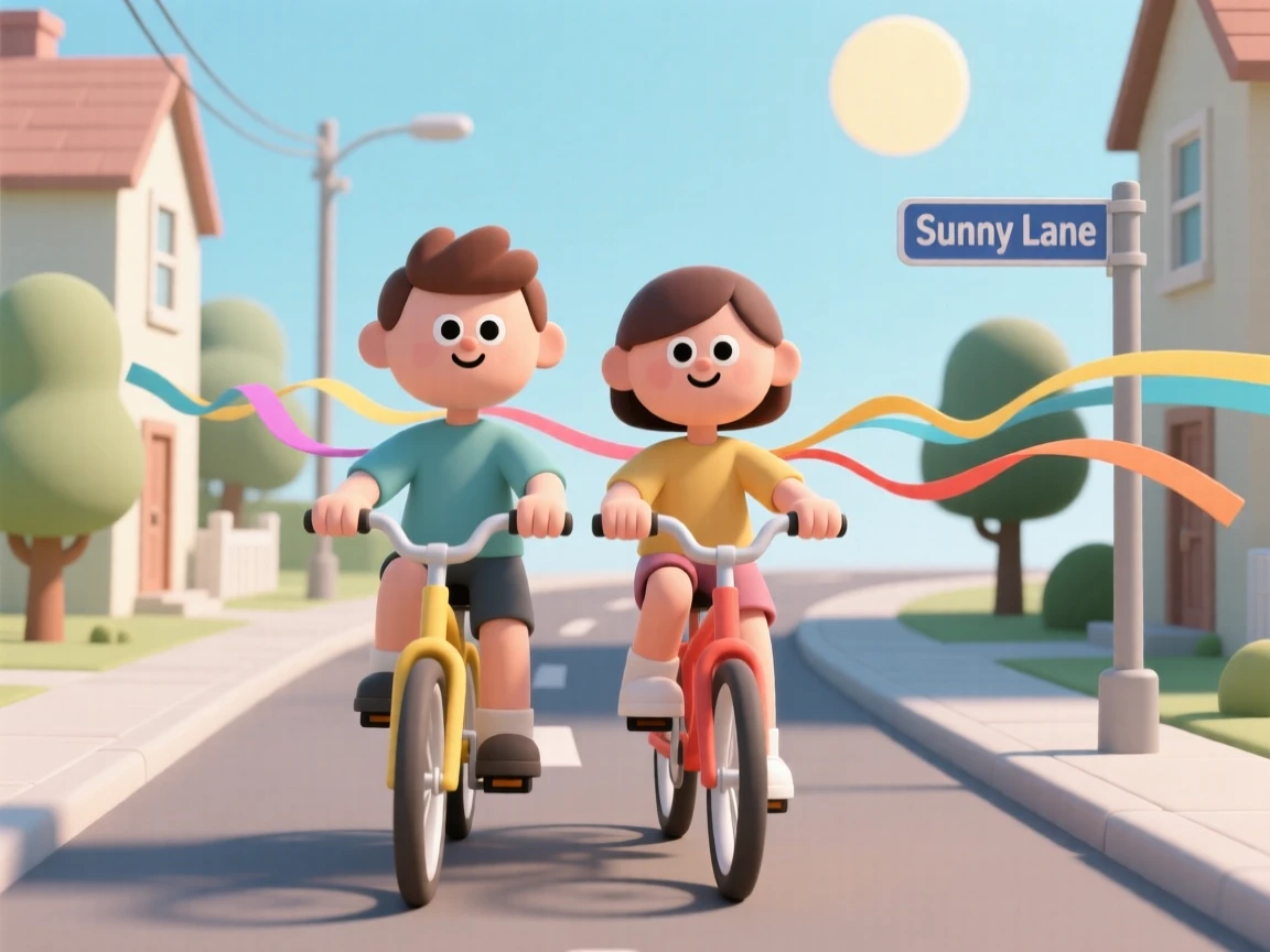 A pair of best friends ride bicycles side by side down a sunny neighborhood street, streamers flying from their handlebars.