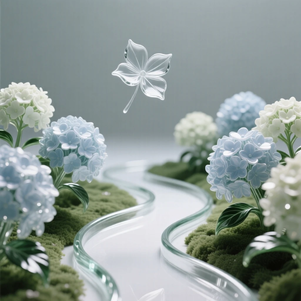 A garden path lined with blooming hydrangeas while a single petal drifts free on the breeze