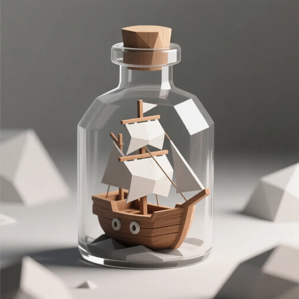A wooden ship in a glass bottle, surrounded by soft shadows. fine textures and material details are clearly visible. The atmosphere feels cozy and personal.