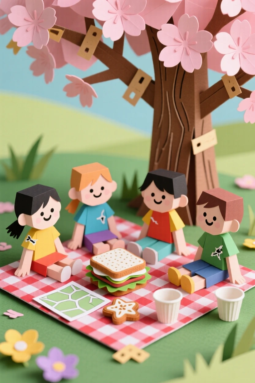 A group of childhood friends picnicking beneath a blossoming tree, with soft laughter caught mid-moment, evoking love across generations.