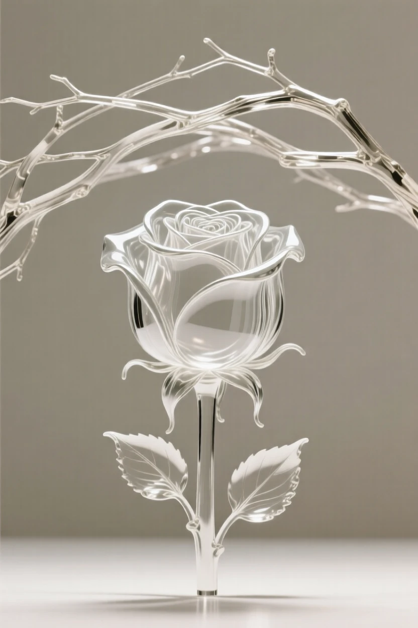 Beneath a canopy of intertwining branches, a single rose in full bloom with petals just beginning to unfurl