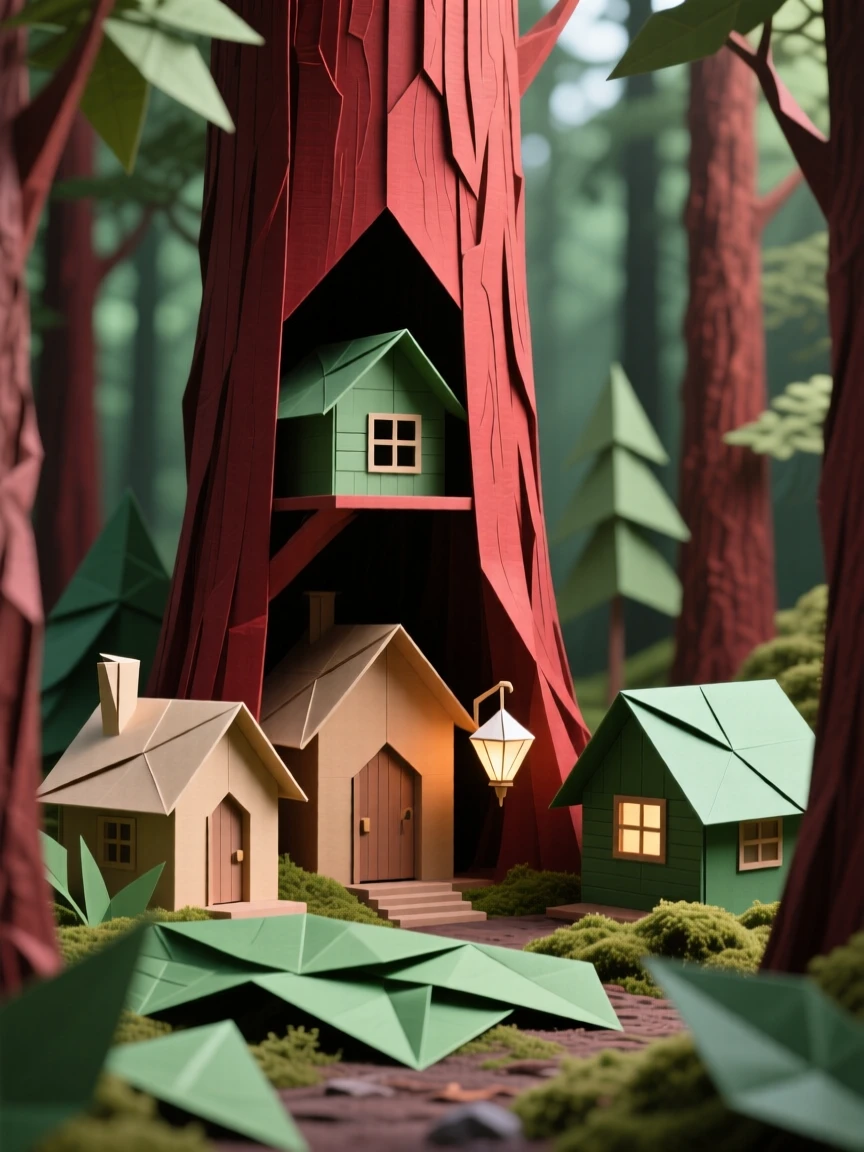 A hidden village built into the hollow trunks of an ancient redwood forest.