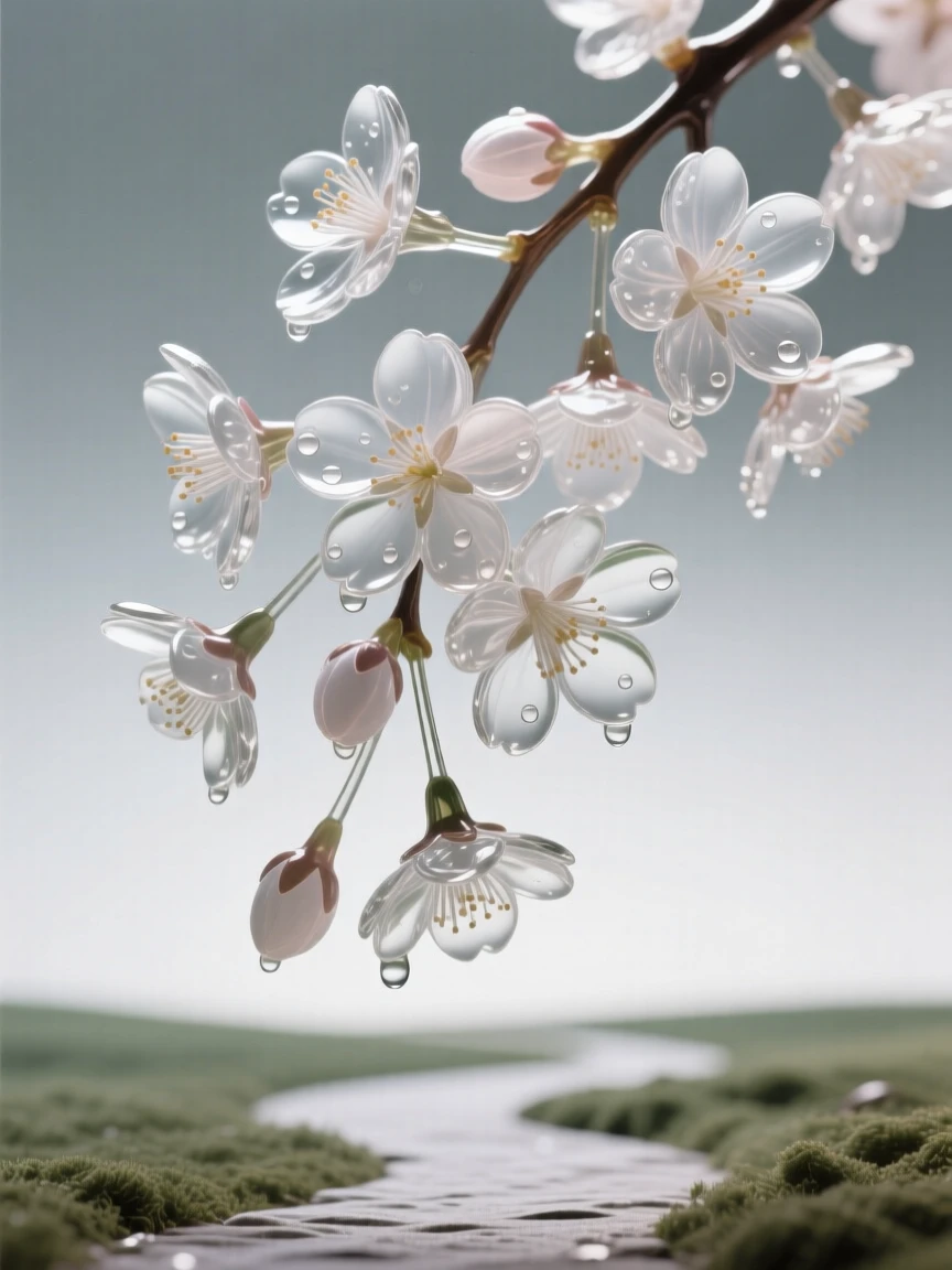 A cluster of cherry blossoms hanging low over a quiet path with dew still clinging to every petal