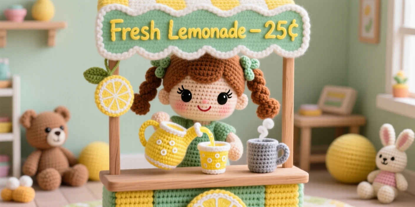 a little girl setting up a lemonade stand, with a hand-painted sign, pouring a fresh cup of lemonade, in a tidy playroom scattered with soft toys, with a steaming mug resting on a small table nearby, radiating soft nostalgic coziness.