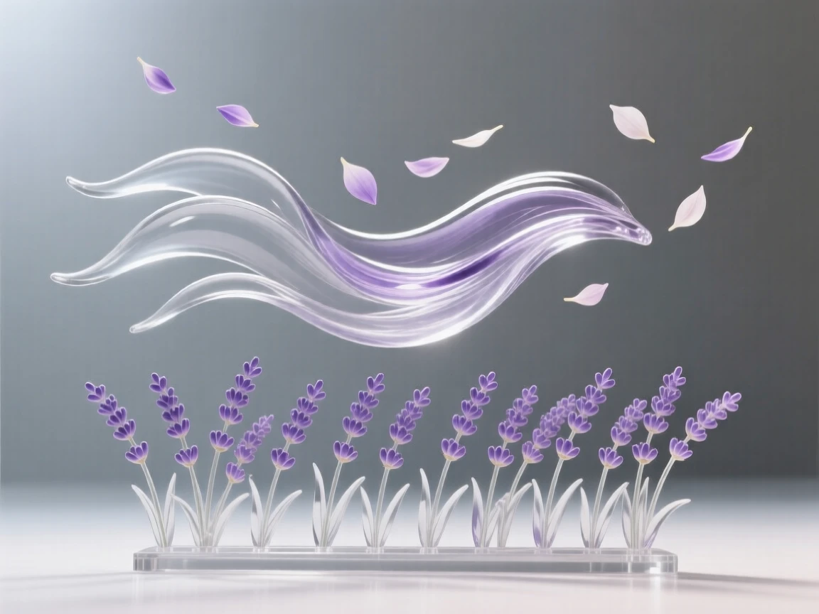 As a gentle breeze carries loose petals through the air, a row of lavender stretching toward the horizon, while the fragrance of blossoms fills the still air
