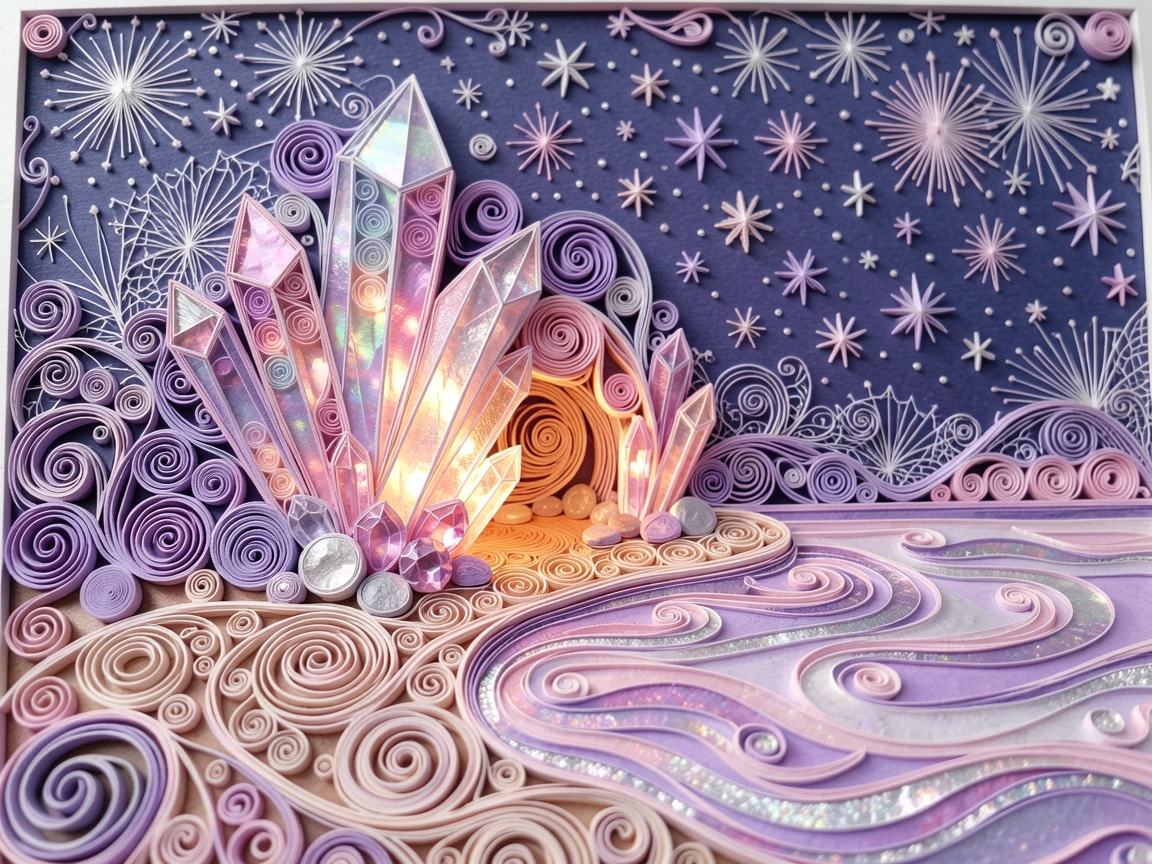 a glowing crystal cave filled with sparkling gems, on the shore of a starlit magical lake, captured in an intimate close-up glowing softly, in dreamy pastel tones of lavender and rose.