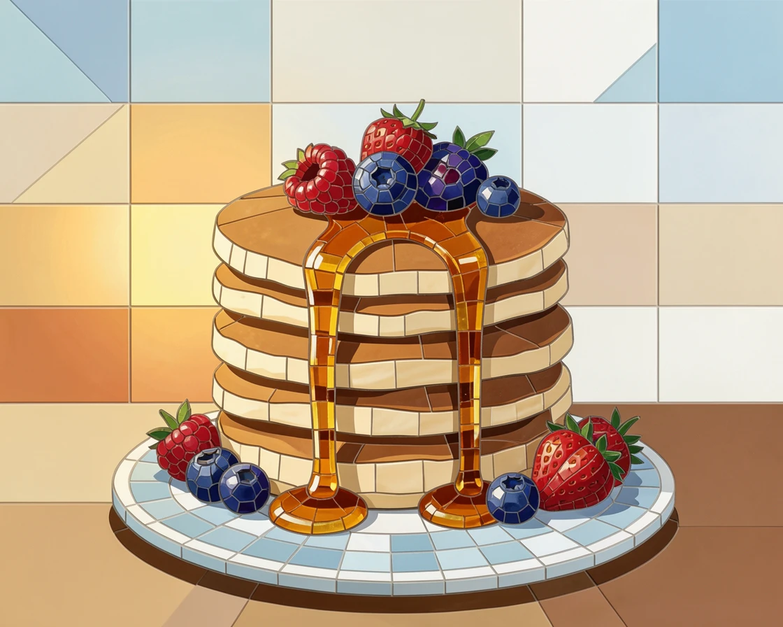 A stack of fluffy pancakes drizzled with maple syrup and fresh berries, styled beautifully with warm natural window light.