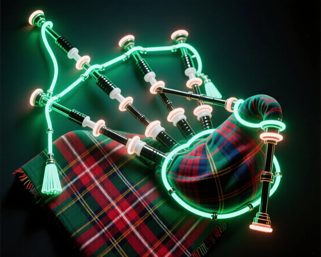 A set of bagpipes resting over a tartan cloth.