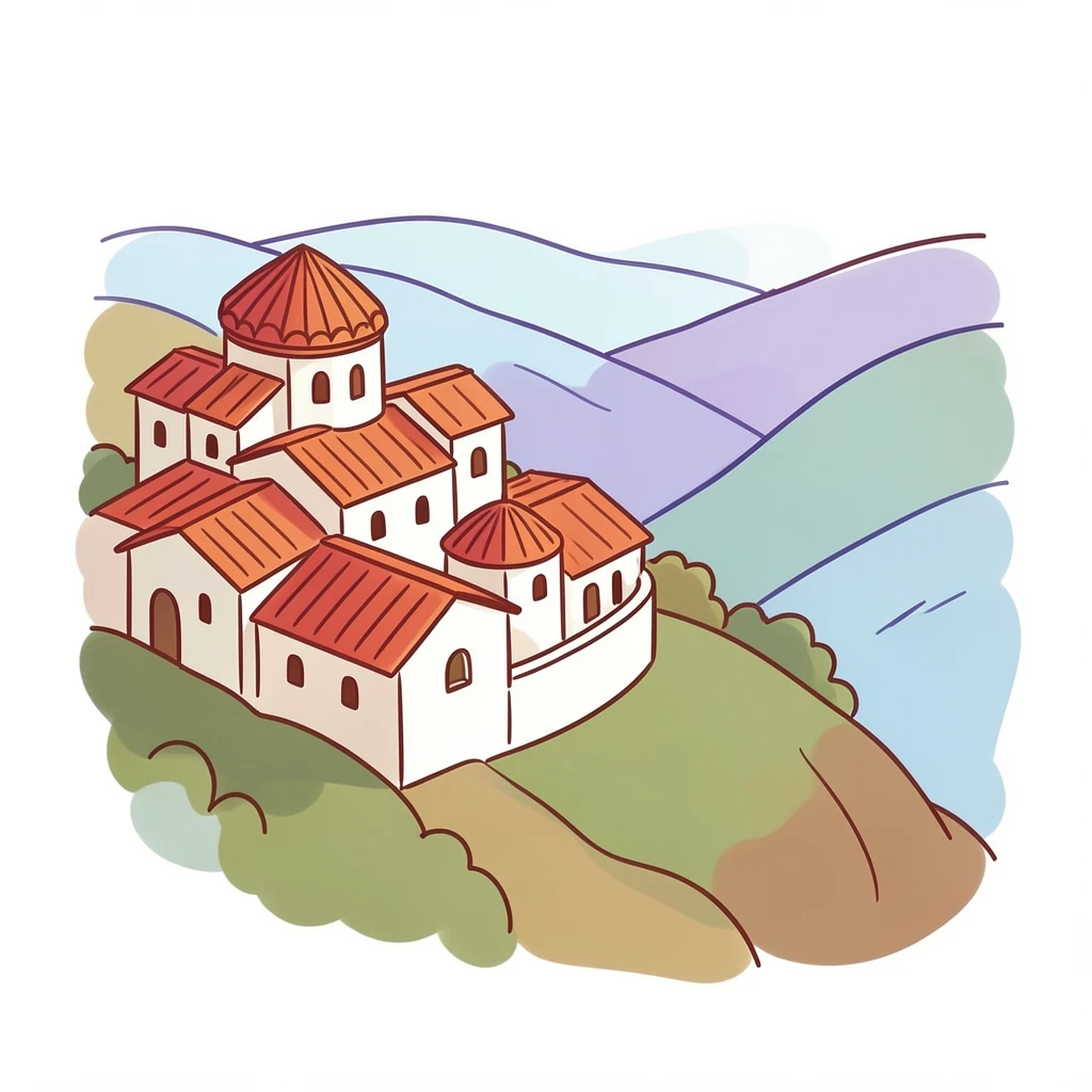 A hillside monastery with terracotta roofs overlooking a valley.