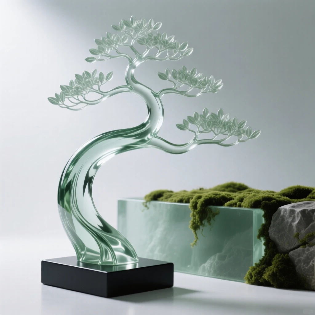 A bonsai tree shaped over decades into a graceful curve beside a low stone wall covered in moss