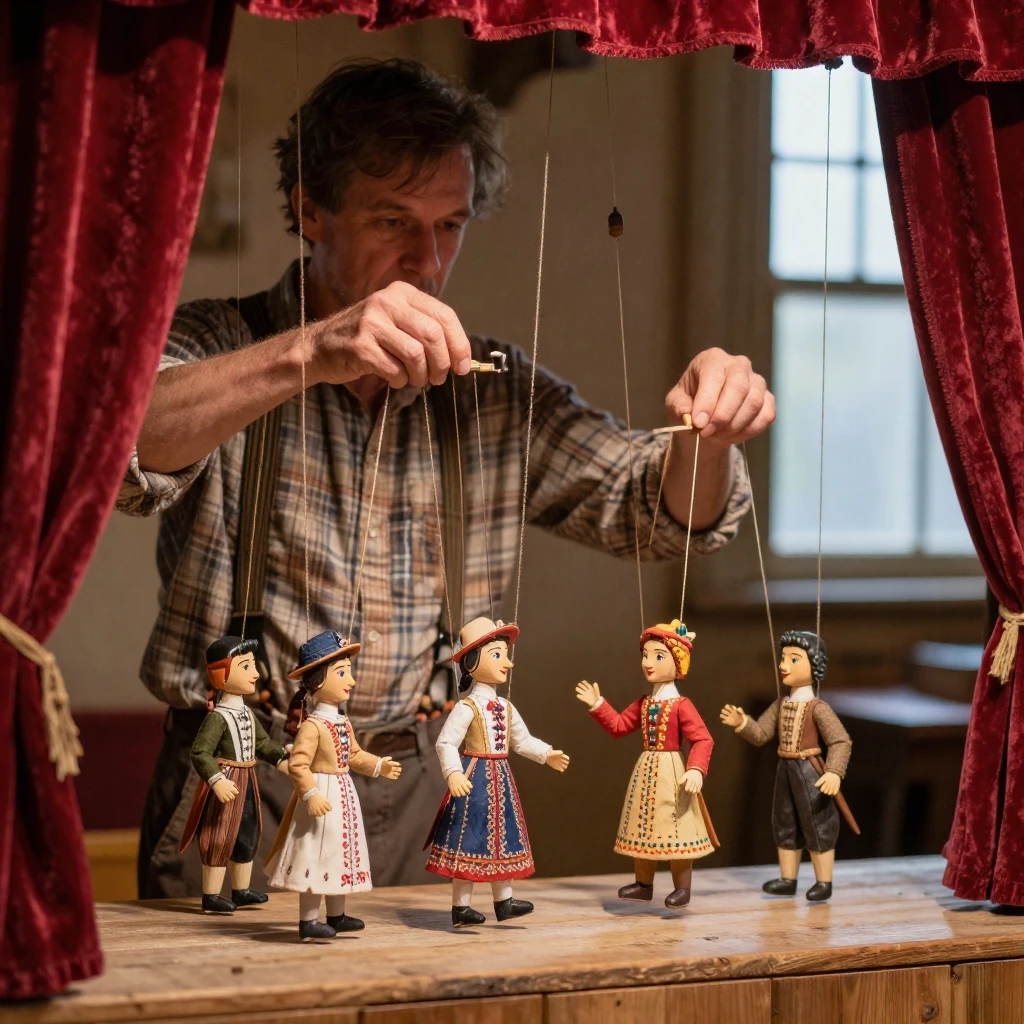 A puppeteer performing a traditional marionette show