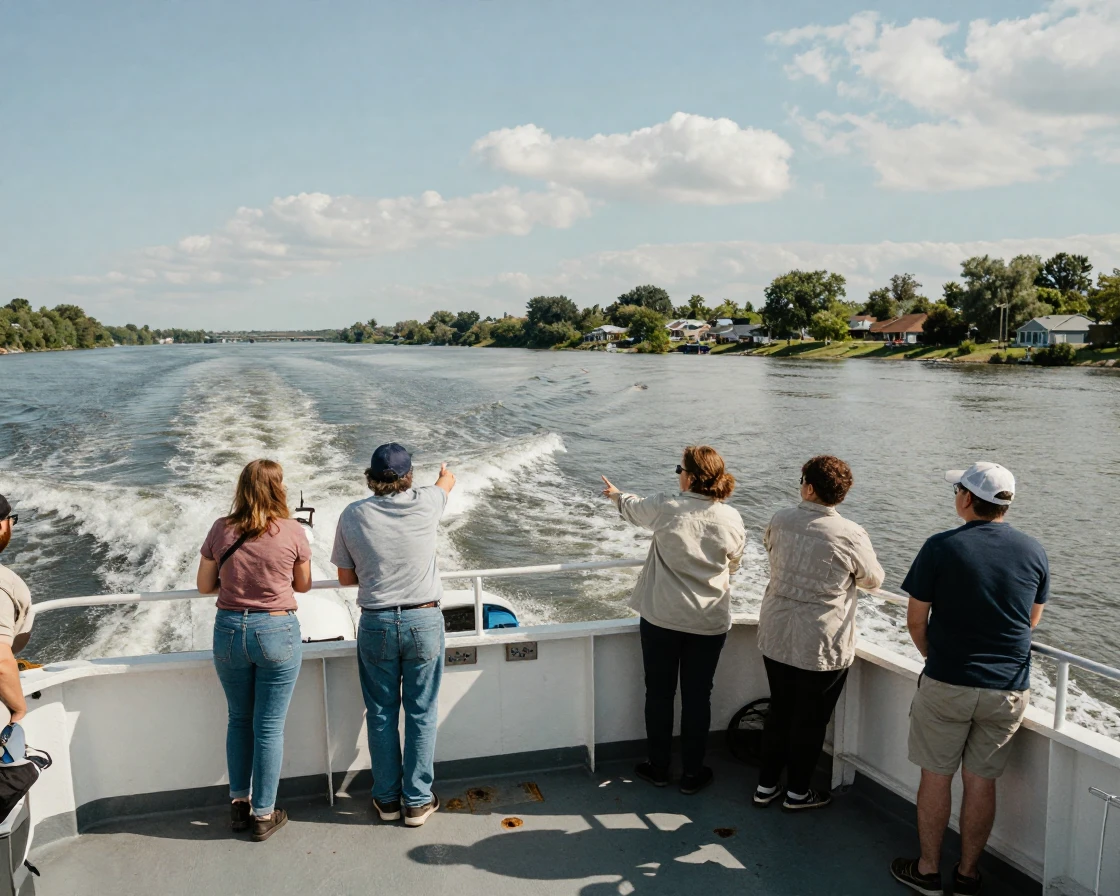 A ferry crosses a wide river as passengers lean over the rail watching the wake.