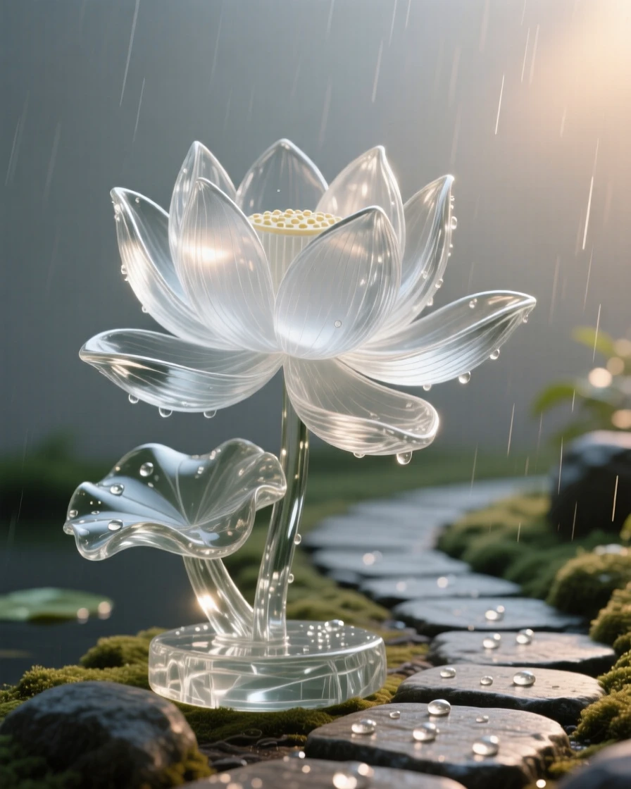 A lotus flower opening slowly at first light beside a winding stone path through the garden, while a light rain begins to fall across the garden