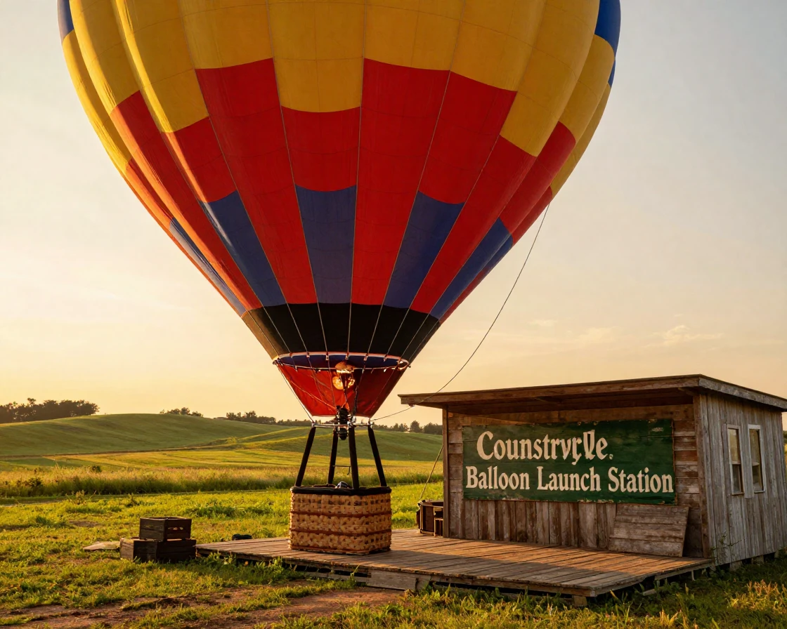 A hot air balloon waiting at a quiet countryside station in the golden light of late afternoon
