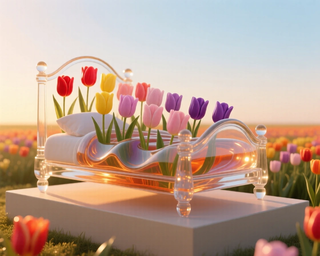 As golden hour light spills across the field, a bed of tulips arranged in sweeping rows of color
