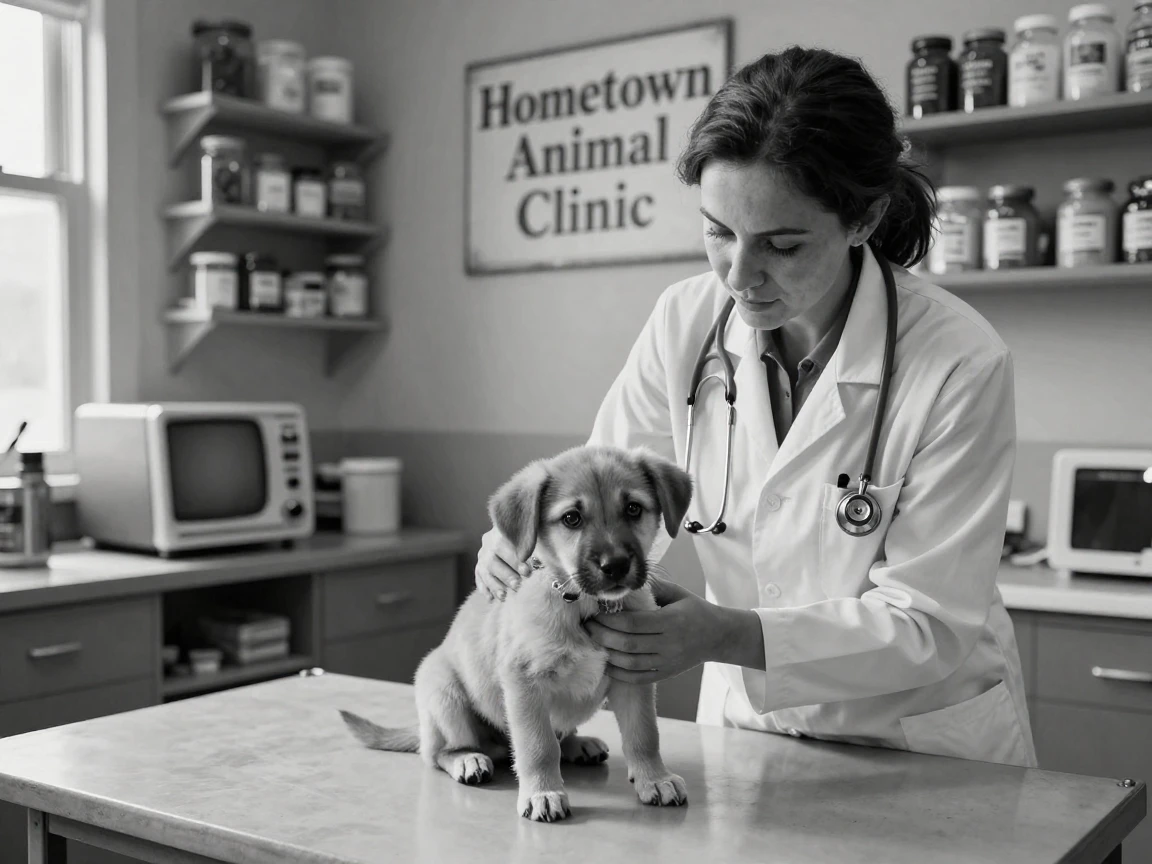 A veterinarian examines a nervous puppy on the table in a small-town animal hospital.