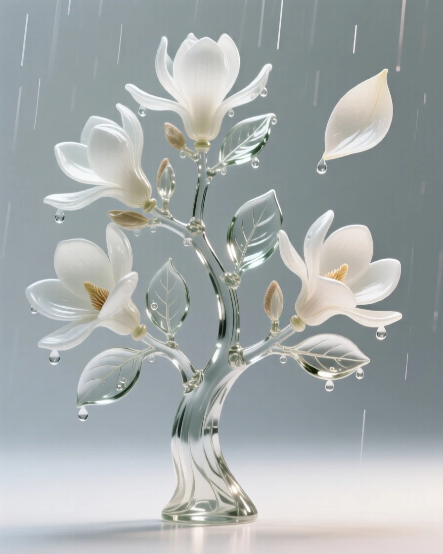A magnolia tree in full bloom against a clear sky as raindrops linger on curling leaves, while a single petal drifts free on the breeze