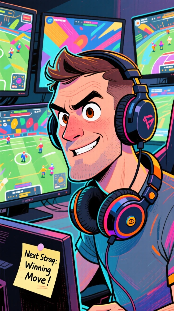 An e-sports coach analyzing a match on multiple monitors, headset around his neck.