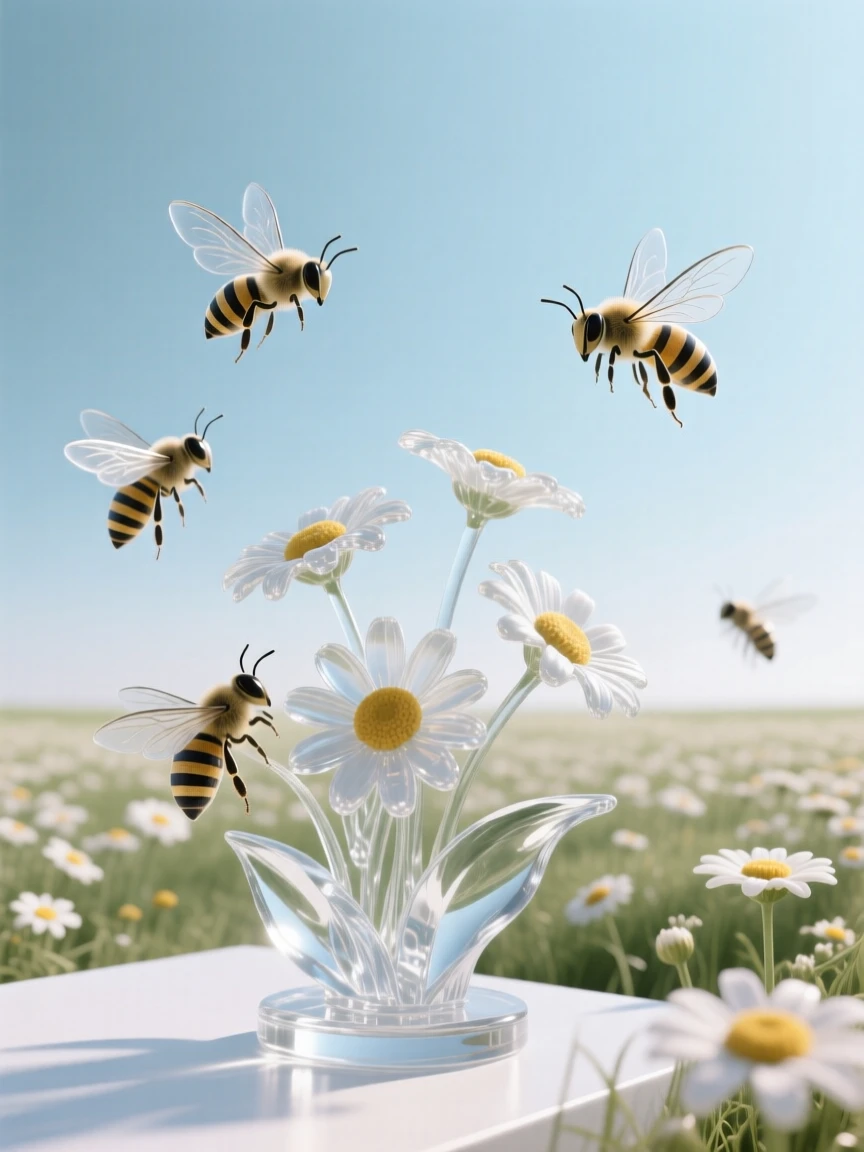 With bees drifting slowly from bloom to bloom, a meadow of wild daisies stretching to the horizon, while a single petal drifts free on the breeze