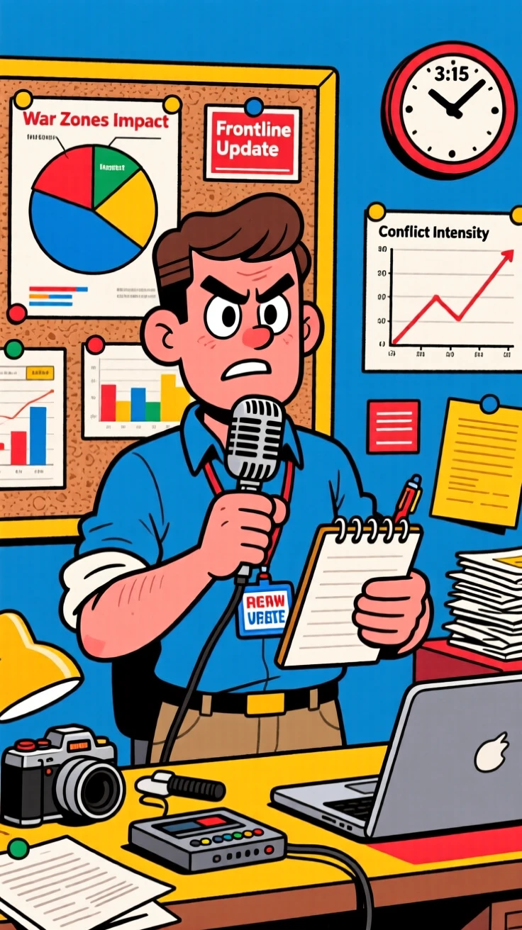 A vibrant profession-themed portrait of a bold war correspondent mid-task with sleeves rolled up and tools in hand, surrounded by charts, gadgets, and paperwork.