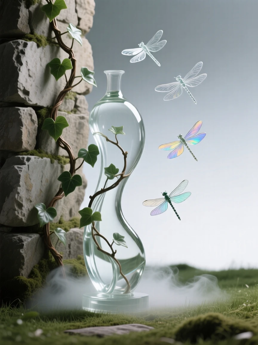 With mist rising gently from the surrounding ground, a vine of ivy climbing the side of an old stone wall, while dragonflies hover just above the surrounding grass