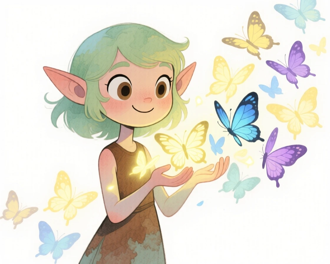 A forest elf summoning a flock of glowing butterflies