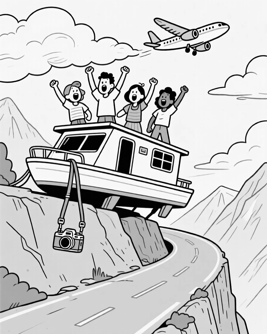 A group cheering atop a rented houseboat, gasping as the clouds part beneath the wing, set on a narrow winding mountain road. A camera strap dangles dangerously close to the ledge. It radiates wanderlust and the fun of getting a little lost.