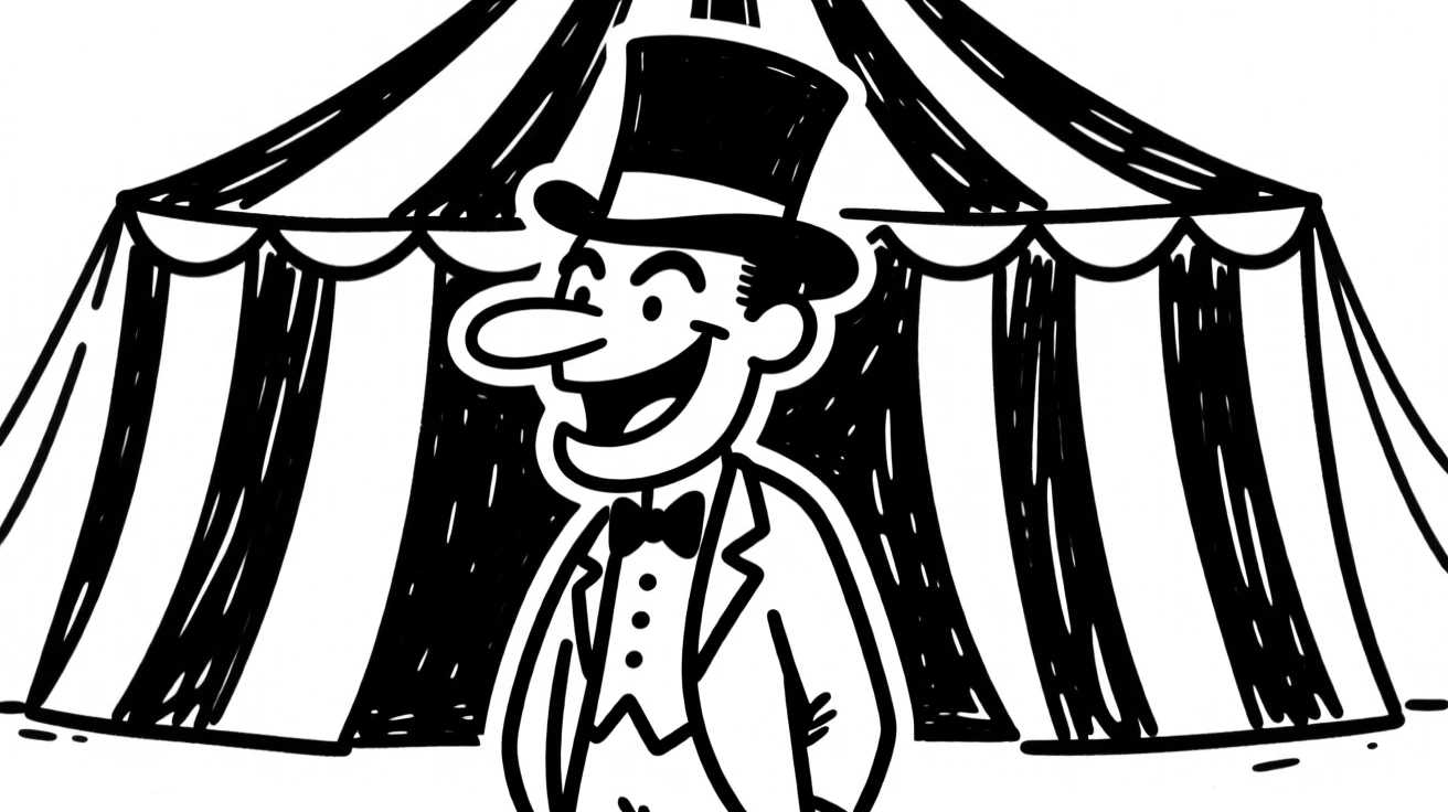 A circus ringmaster in a top hat presenting the show under a striped big top tent.