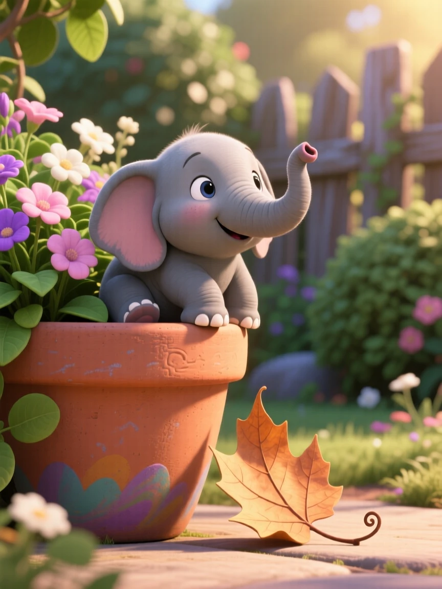 A baby elephant is perched on the edge of a flower pot, stretching after a long nap. Innocent curiosity shines through the moment, with a single fallen leaf beside it.