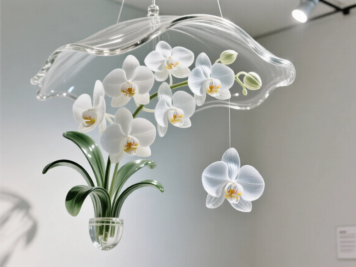 Beneath the shade of a nearby orchard, a hanging garden of orchids suspended from a canopy, while a single petal drifts free on the breeze