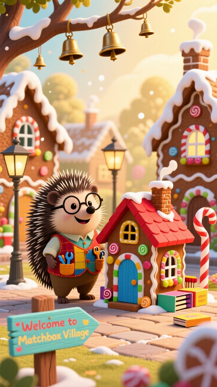 A hedgehog inventor delights in building a village out of matchboxes, tucked within a town square made entirely of gingerbread, while soft chimes ring from unseen bells.