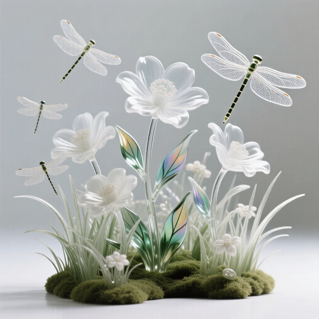 A hidden garden filled with oversized blooming flowers while dragonflies hover just above the surrounding grass