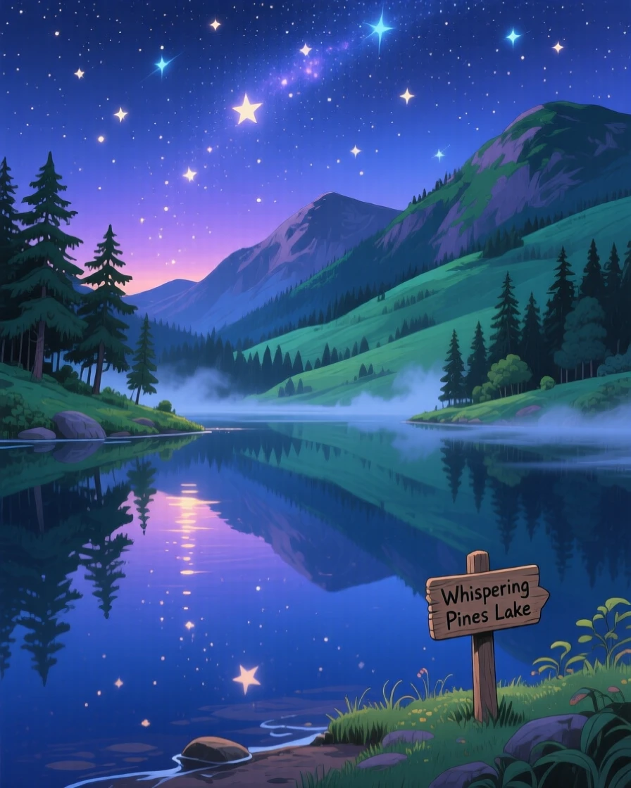 A nighttime scene of a starry sky reflected in a still mountain lake, softly glowing with warmth.
