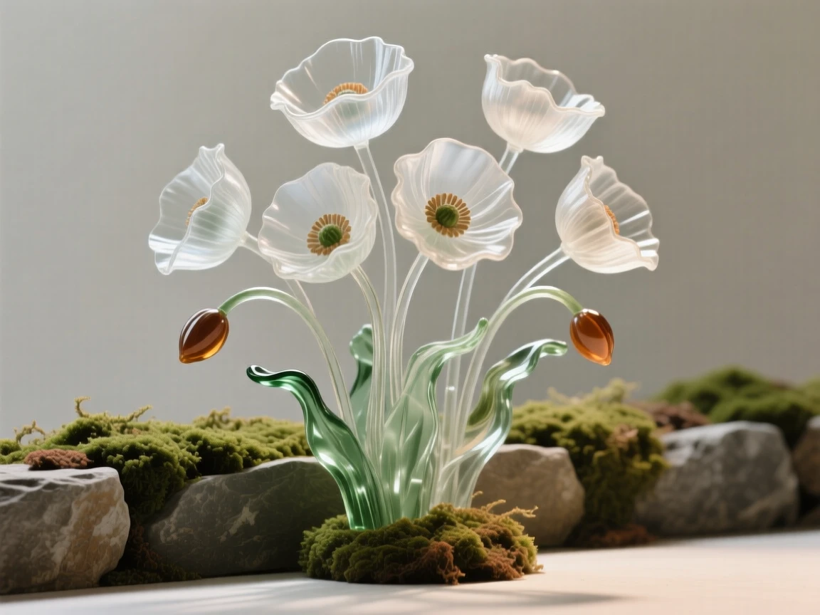 Beside a low stone wall covered in moss, a cluster of poppies swaying together in an open field