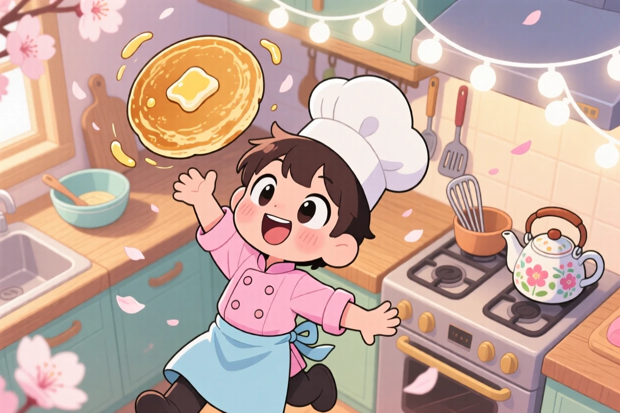 In a cheerful kitchen, a young chef is flipping a pancake high in the air as cherry blossom petals drift on the breeze, bathed in glowing string lights, expression full of playful mischief. Shot as a bird's-eye view.